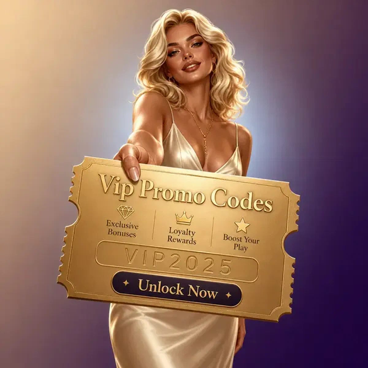 Femme élégante révèle un bon de code promo doré au Vipzino Casino