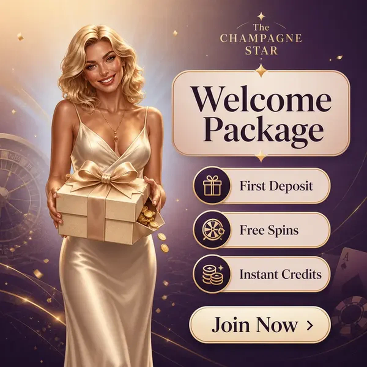 Femme élégante présentant le pack de bienvenue cadeau chez Vipzino alors que de nouveaux joueurs s'inscrivent