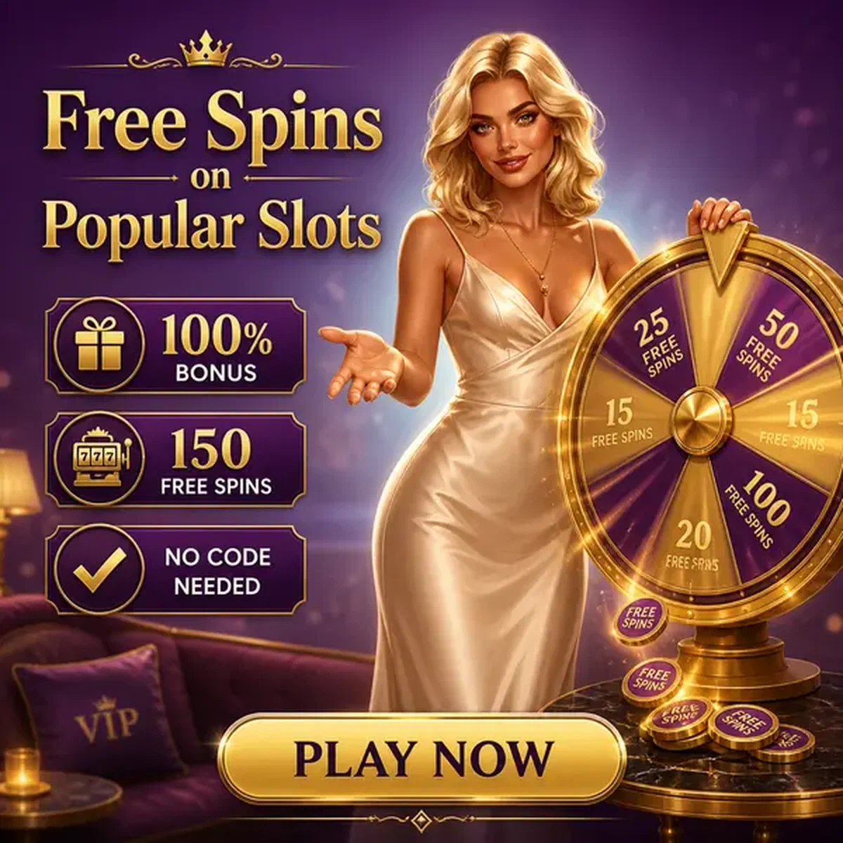 Hôtesse glamour présentant la roue des tours gratuits au salon VIP Welcome Free Spins on Popular Slots