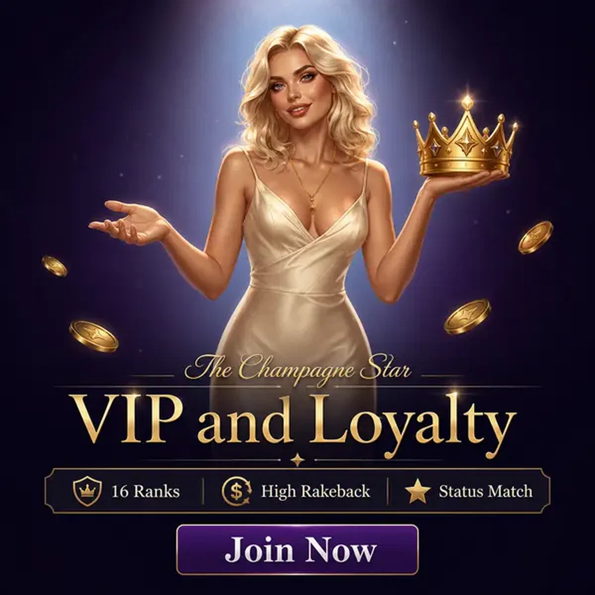 Joueur découvrant les récompenses VIP et de fidélité Vipzino avec couronne dorée et pièces éparpillées